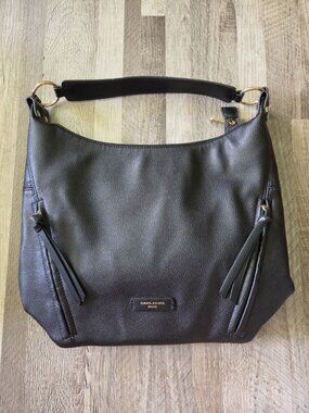David Jones Paris Black Hobo Bag Faux Leather Shoulder Purse Gold Hardware